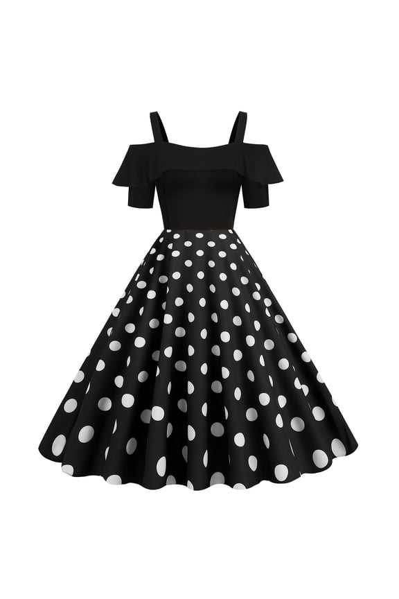 1960s Dresses for Women Off Shoulder Neck Short Sleeve Vintage Dress Below the Knee Midi Dresses A Line Party Ruffle Linen Dress Casual Semi Formal Dress Polka Dot Prom Wedding Guest Dresses