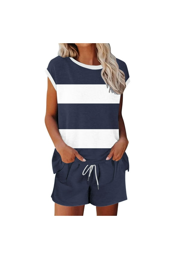 2 Piece Lounge Set for Women Outfit Short Outfits Summer with Pocket Drawstring Striped Loungewear Sleeveless Round Neck Tops Pajamas Pants Vacation Sets Tracksuits Blue XL