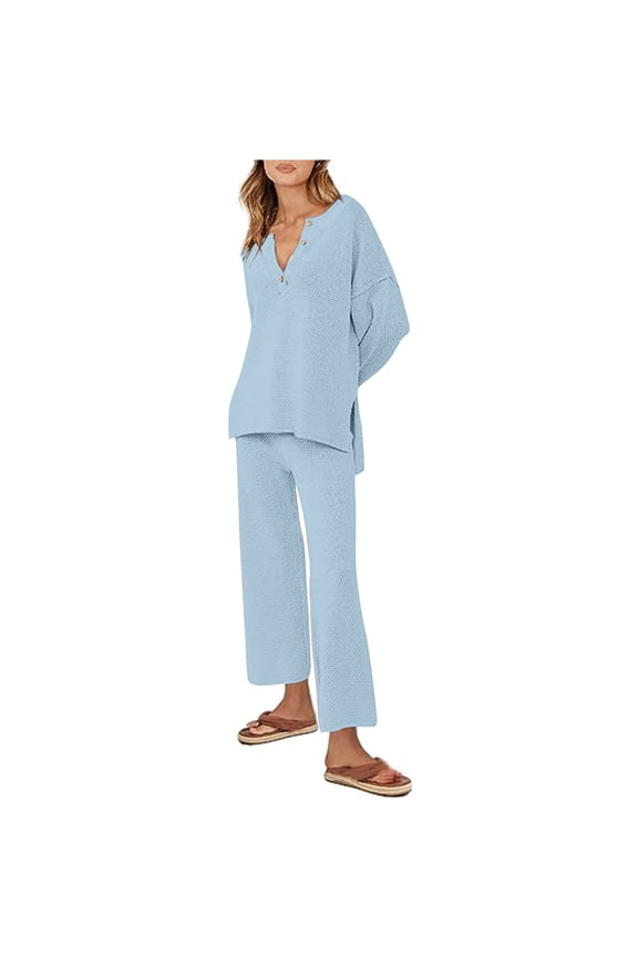 2 Piece Lounge Set Women Wide Leg Plain Lounge Sets Waffle Loungerwear Sets Long Sleeve Pullover Tops Pant Jogger Sets Spring Casual Activewear Yoga Outfits Blue 2XL