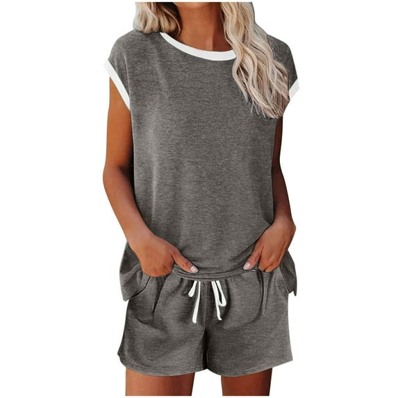 Gaecuw 2 Piece Lounge Sets for Women Casual Short Sets Summer with Pocket Drawstring Solid Loungewear Sleeveless Crewneck Tops Pajamas Pants Vacation Beach Tracksuits Outfits Gray M