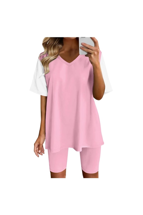 2 Piece Sets for Women Shorts Summer Short Sleeve Mini Length Two Piece Sets V-Neck Loungewear Pullover Seamless Legging Workout Outfits Stylish Casual Suits Pink S