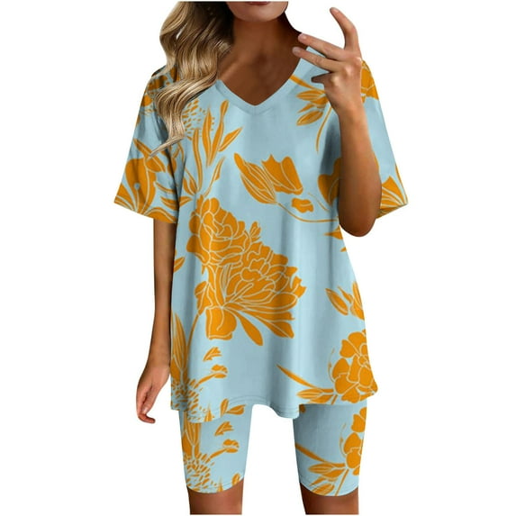 Gaecuw 2piece Short Sets for Women Legging Sets Short Sleeve Pullover Short Length Seamless Shorts V Neck Oversized Waist Fashion Suits Casual Summer Sets Suit Set Two Piece Summer Sets Plus Size Blue