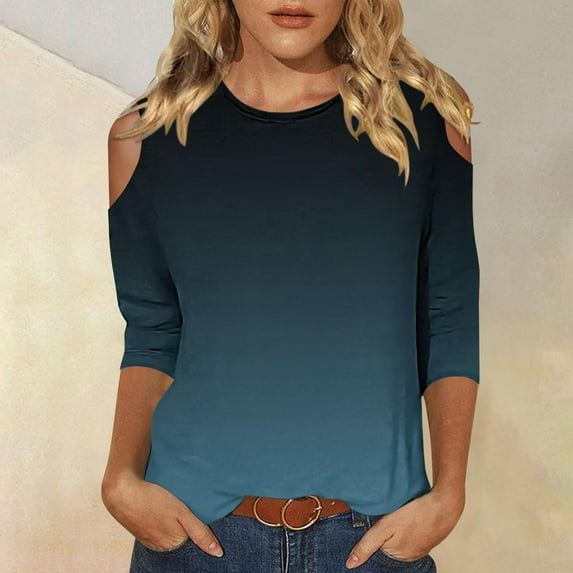 Gaecuw 3/4 Length Sleeve Womens Tops Summer Gradient Cold Shoulder Sleeve Blouse Crewneck Casual T Shirts Pullover Tees Three Quarter Shirts Fashion Tops Dressy Travel Blue M