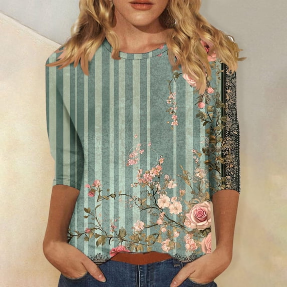 Cavosen Womens 3/4 Sleeve T Shirts Casual Plus Size Floral Graphic Print Blouse Crewneck Loose Dressy Tops Trendy Pullover Hawaiian Tshirts Summer Going out Tees Green 3XL