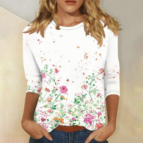 Cavosen Women's Three Quarter Sleeve Tops and Blouses 3/4 Sleeve Floral Print Blouse Crewneck Casual Dressy Shirts Stylish Pullover Hawaiian Tshirts Summer Workout Tees White S