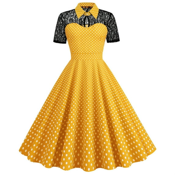 Gaecuw 50s Dresses for Women Vintage Collared Neck Short Sleeve Retro Dresses Below the Knee Midi Dresses A Line Party Lace Linen Dress Casual Semi Formal Dress Polka Dot Prom Wedding Guest Dresses