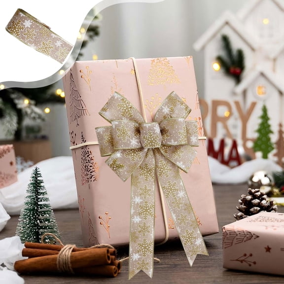 Gaecuw 5m Christmas Wired Ribbon with Snowflake and Pinecone, DIY Bow Wreath Gift Wrap Decor for Xmas, 197x3 Inch.