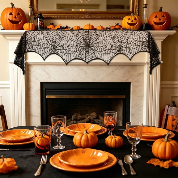 Gaecuw 96x18 Inch Halloween Lace Runner Black Mantel Decor for Table Shelf, Spooky Gothic Accent, Versatile Decorative Cloth, B
