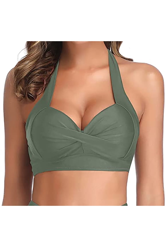 Bathing Suit Top for Women Bathing Suit for Women Halter Swimwear Top Sleeveless Slip On Closure Swimsuits Solid Bathing Suits Wrap Strappy Resort Wear Beachwear Beach Vacation Outfits Green
