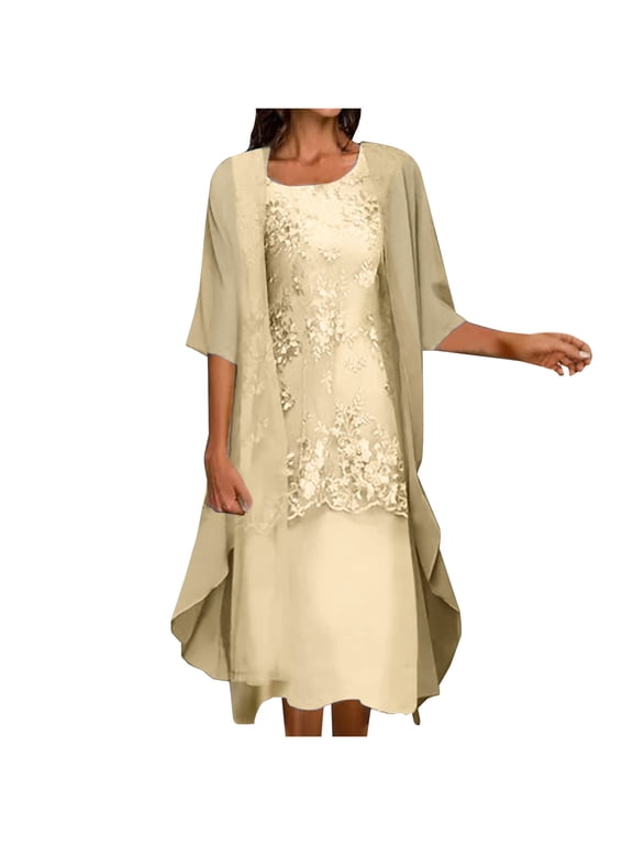 Beach Formal Wedding Guest Dress for Women Crew Neck Half Sleeve Champagne Dresses Calf Length Long Dresses Swing Party Dress Prom Dresses Flowy Graduation Dresses Solid Semi Formal Dress