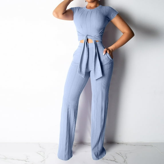Gaecuw Biker Short Sets Women 2 Piece Outfits Summer Sets Women 2 Piece Outfits Short Sleeve Pullover Short Length Wide Leg Shorts Crew Neck Waist Fashion Suits Summer Sets Suit Set Purple XL