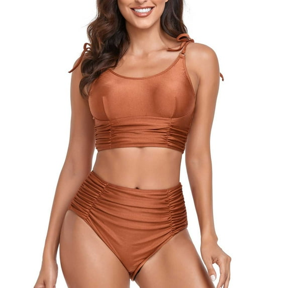 Gaecuw Bikini Beach Swimwear for Women 2 Piece Bathing Suits Set for Women Sleeveless Swimwear Top High Waisted Bikini Briefs Swim Bottom Slip On Closure Swimsuits Solid Bathing Suits Beachwear Orange