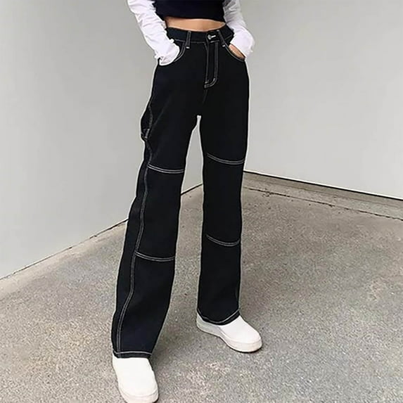 Gaecuw Bootcut Jeans for Women High Rise Pull Up Jeans Casual Loose Stretchy Regular Fit Denim Ankle Pants Solid Boyfriend Trousers with Pocket Button up Zipper Streetwear