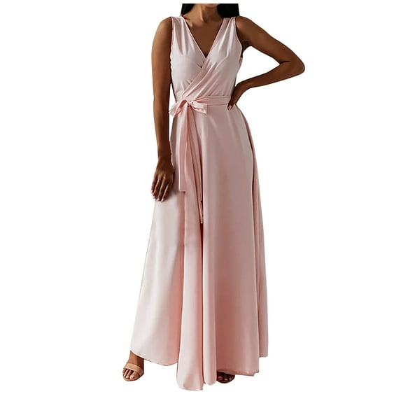 Gaecuw Bridesmaid Dresses for Wedding for Women V Neck Sleeveless Champagne Dresses Ankle Length Maxi Dresses Swing Party Dress Strappy Prom Dresses Flowy Graduation Dresses Solid Semi Formal Dress