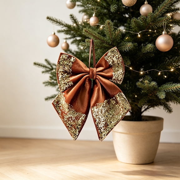 Gaecuw Brown Sequined Bow Ornament for Xmas Tree, Faux Greenery Velvet Glitter Bow with Rich Texture, Plastic Holiday Decor for Gift Box and Wall Displays, Brown