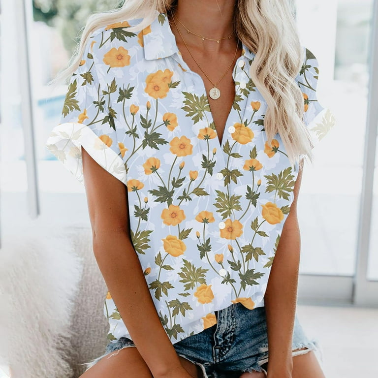 Gaecuw Button Down Shirts for Women Tops Blouses Short Sleeve T Shirts  Regular Fit Pullover Tees T-Shirts Floral Print Tops V Neck Blouses Casual  T