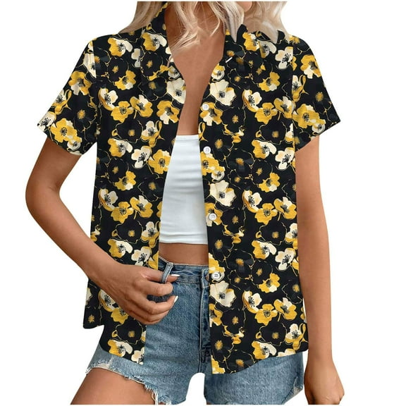 Cavosen Womens Summer Blouses Short Sleeves Button down Collared Hawaiian Tropical Print Shirts Pullover Button up Beach Tees Loose Fit Resort Vacation Tops Workout T-Shirts S
