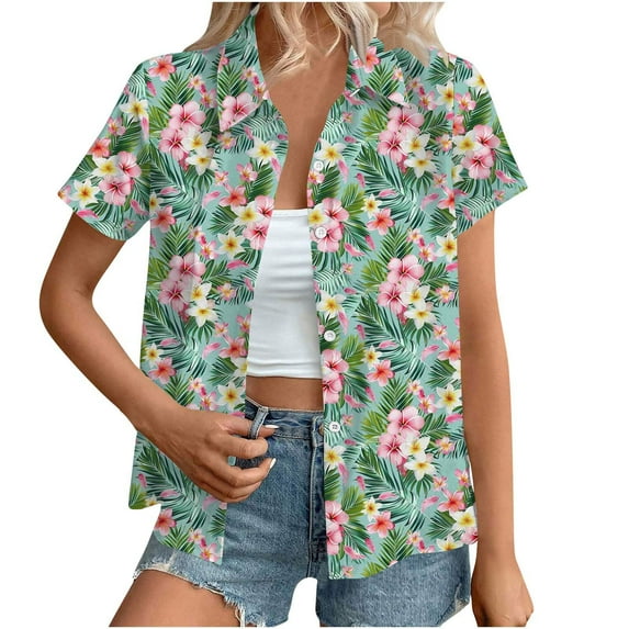 Cavosen Womens Blouses Button up Plus Size Collared Hawaiian Tropical Print Summer Tops Short Sleeve Pullover Button down Beach Tees Loose Fit Resort Vacation Shirts Going out 4XL