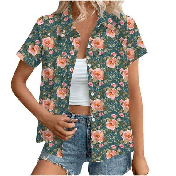 Cavosen Women Button down Shirt Summer Collared Hawaiian Tropical Print Tops Short Sleeve Pullover Button up Beach Tees Loose Fit Resort Vacation Blouse Going out T-Shirts L