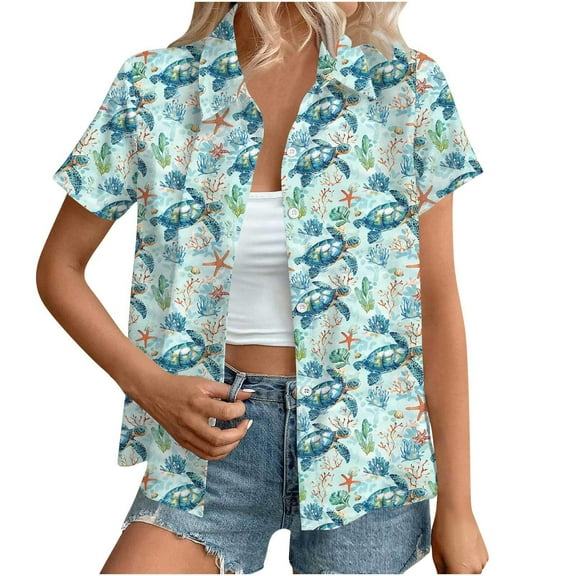 Cavosen Women Tops Short Sleeve Casual Plus Size Button down Collared Hawaiian Tropical Print Summer Tees Pullover Beach Shirts Loose Fit Resort Vacation Blouse Workout 4XL