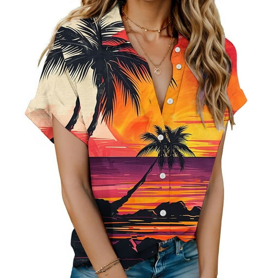 Gaecuw Button down Tee Shirts for Women Short Sleeve Blouses Tees Hawaiian Floral Print T Shirts Summer Shirts Lapel Neck Tops Tropical Vacation Outfits Resort Wear Brown L