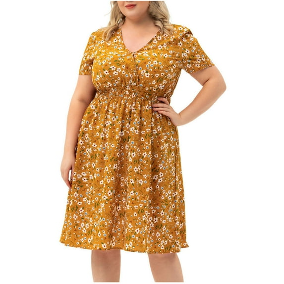 Gaecuw Champagne Dresses for Women Wedding V Neck Short Sleeve Champagne Dresses Knee Length Midi Dresses Swing Party Dress Ruffle Prom Dresses Flowy Graduation Dresses Solid Semi Formal Dress