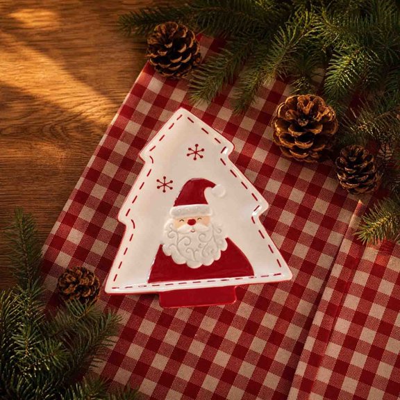 Gaecuw Christmas Ceramic Platter with Tree Shaped Santa Design, Red Stitched Porcelain Dessert Serving Plate, Microwave Safe, A Style