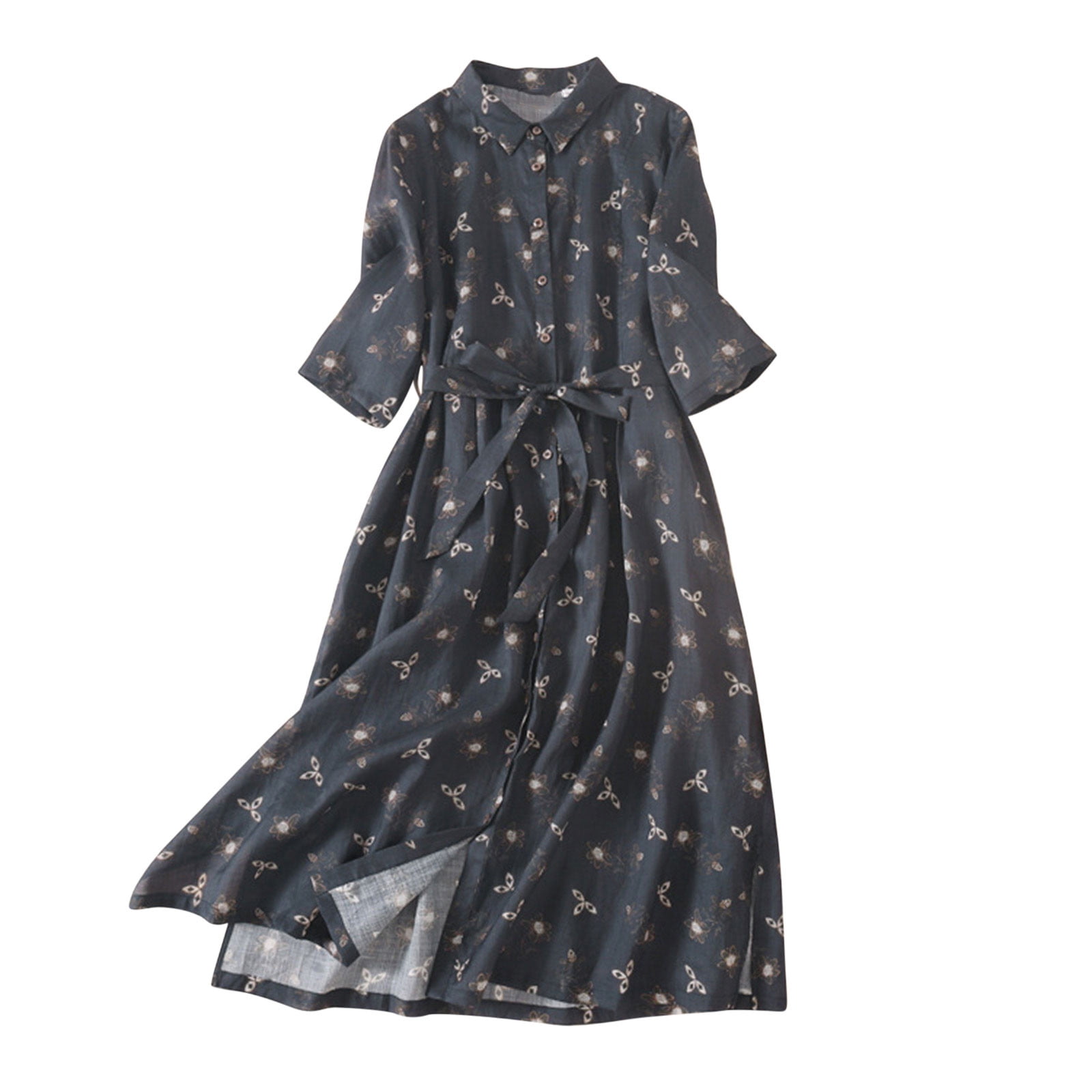 Gaecuw Cotton Linen Dress Women Crew Neck Half Sleeve Plus Size Dresses