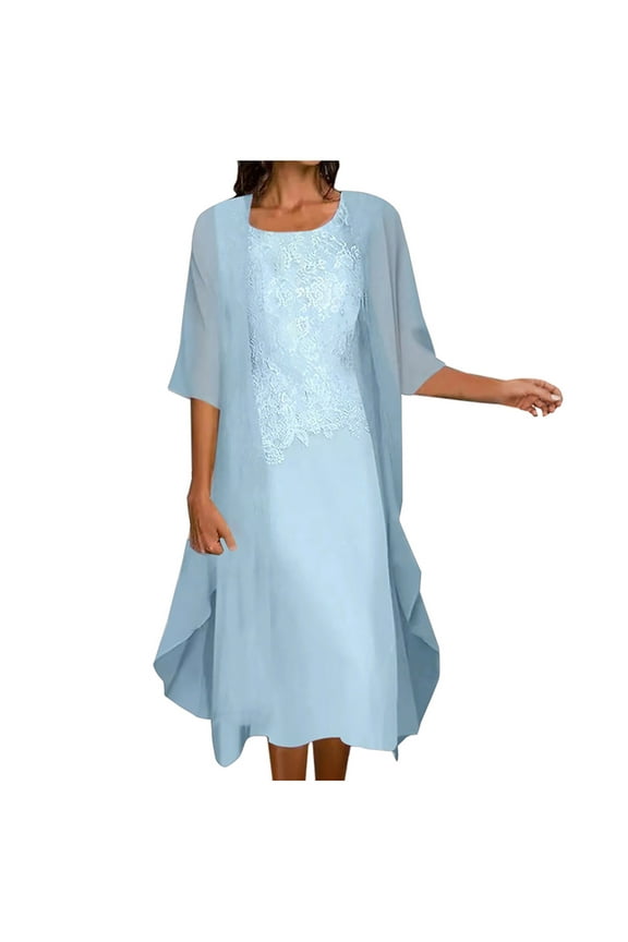 Dress for Summer Wedding Guest for Women Crew Neck Half Sleeve Champagne Dresses Below the Knee Midi Dresses Swing Party Dress Prom Dresses Flowy Graduation Dresses Solid Semi Formal Dress