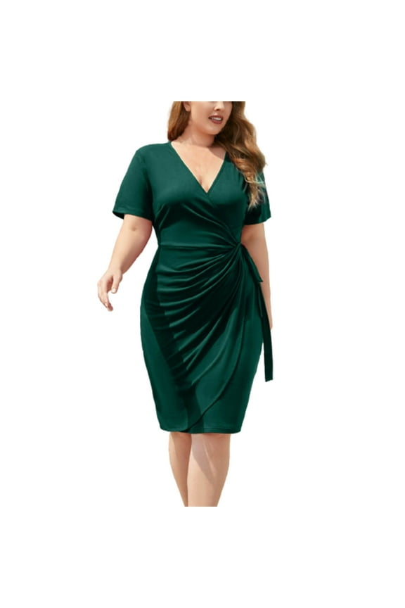 Dress for Summer Wedding Guest for Women V Neck Short Sleeve Champagne Dresses Knee Length Midi Dresses Swing Party Dress Frill Prom Dresses Strappy Polyester Flowy Solid Semi Formal Dress