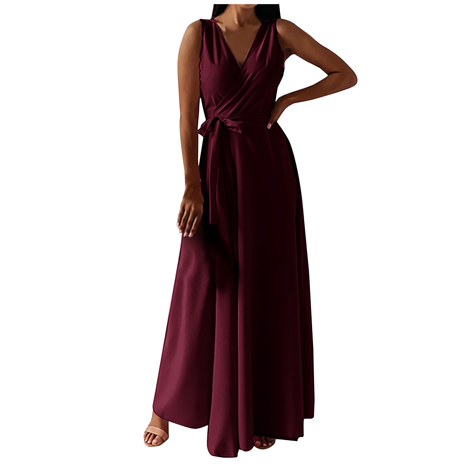 Gaecuw Formal Dresses for Women Wedding Guest V Neck Sleeveless Champagne  Dresses Ankle Length Maxi Dresses Swing Party Dress Strappy Prom Dresses  Flowy Graduation Dresses Solid Semi Formal Dress - Walmart.com
