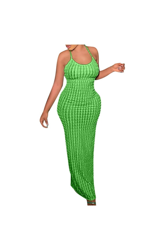 Dress for Wedding for Women Crew Neck Bodycon Dresses Sleeveless Champagne Dresses Ankle Length Maxi Dresses Party Dress Strappy Prom Dresses Flowy Graduation Dresses Solid Semi Formal Dress