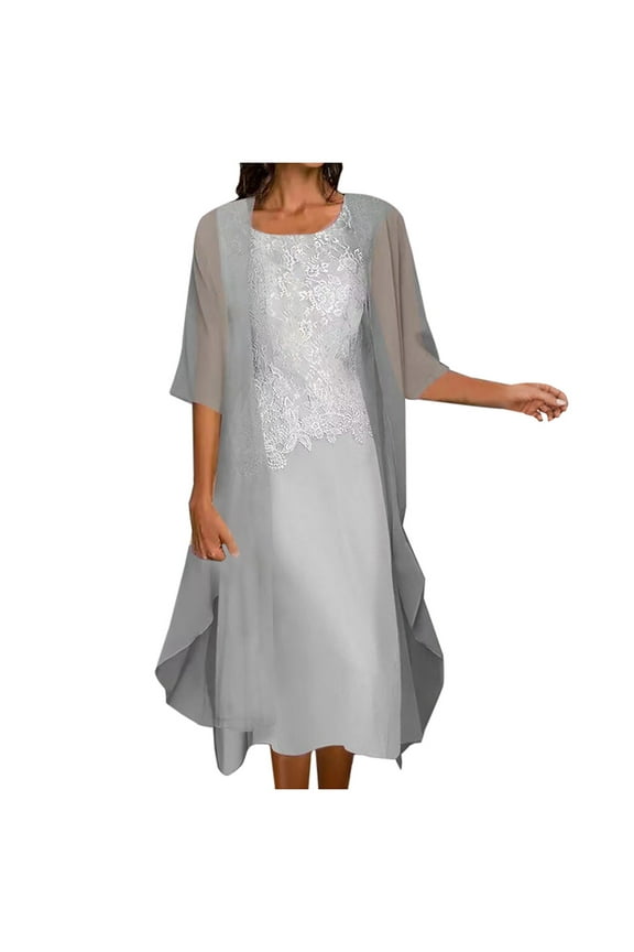 Dresses for Wedding Guest for Women Crew Neck Half Sleeve Champagne Dresses Below the Knee Midi Dresses Swing Party Dress Prom Dresses Polyester Flowy Graduation Dresses Solid Semi Formal Dress