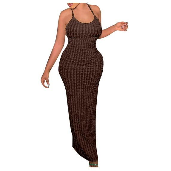 Gaecuw Dresses for Wedding for Women Crew Neck Bodycon Dresses Sleeveless Champagne Dresses Ankle Length Long Dresses Party Dress Strappy Prom Dresses Flowy Graduation Dresses Solid Semi Formal Dress