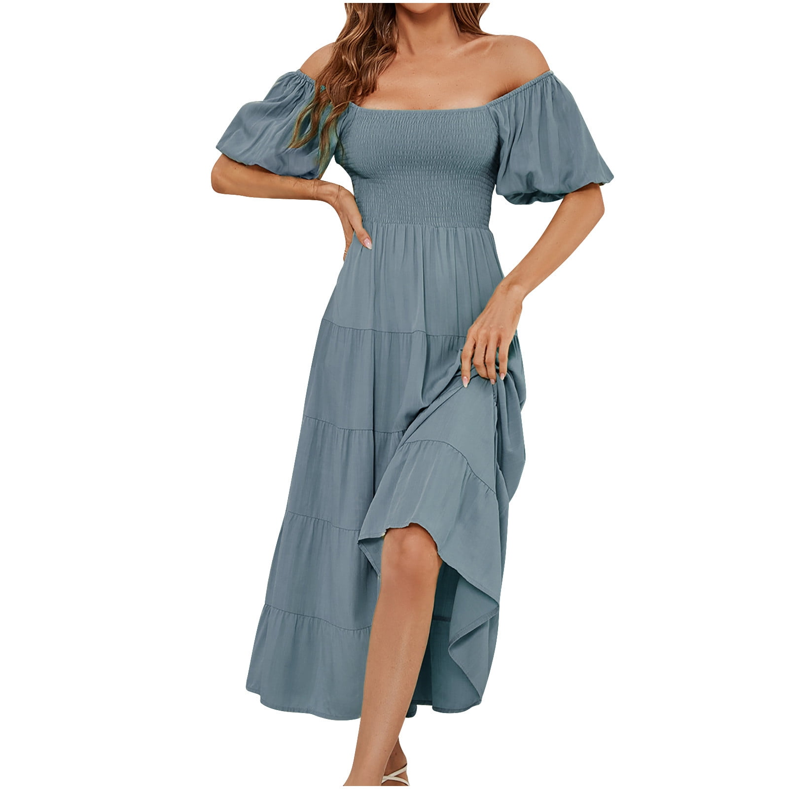 Gaecuw Dresses for Women 2023 Casual Midi Square Neck Short Sleeve Puff