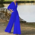thumbnail image 1 of Gaecuw Dressy Jumpsuit for Women 2023 Short Sleeve Overall with Pockets V Neck Band Collar Solid Onesie One Piece Outfits Casual Loose Baggy Long Pants Wide Leg Summer Romper Ankle Length Trousers, 1 of 6