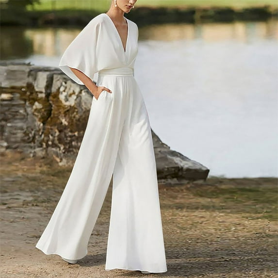 Gaecuw Dressy Jumpsuit for Women 2023 Short Sleeve Overall with Pockets V Neck Band Collar Solid Onesie One Piece Outfits Casual Loose Baggy Long Pants Wide Leg Summer Romper Ankle Length Trousers