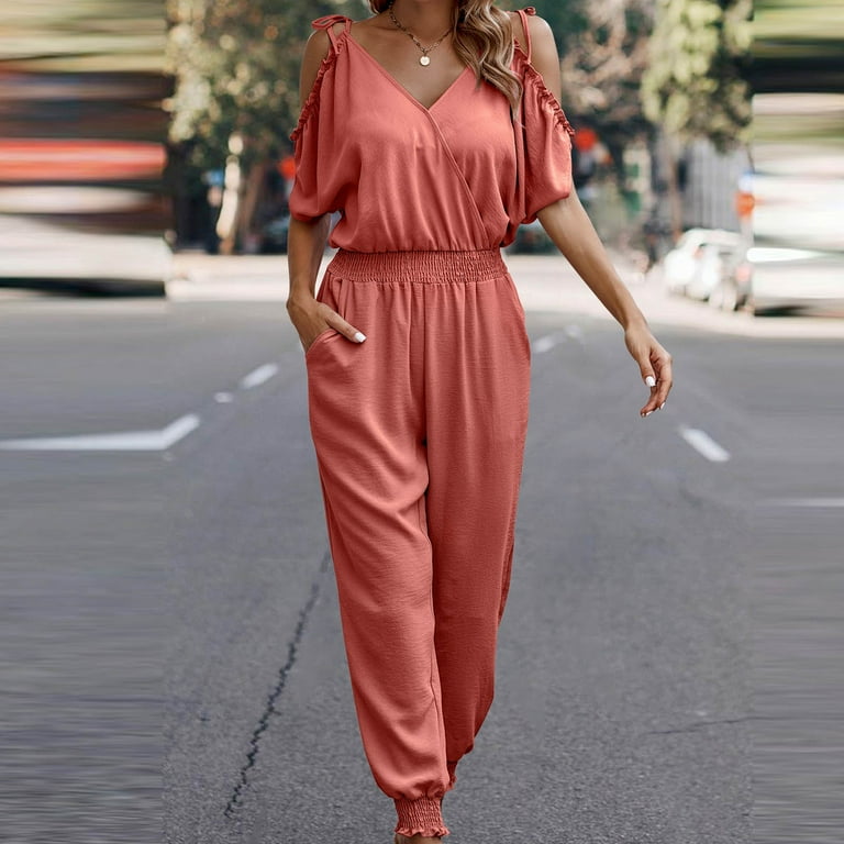 Women's V-neck straps short-sleeved beach breathable jumpsuit Women's V-neck straps short-sleeved beach breathable jumpsuit