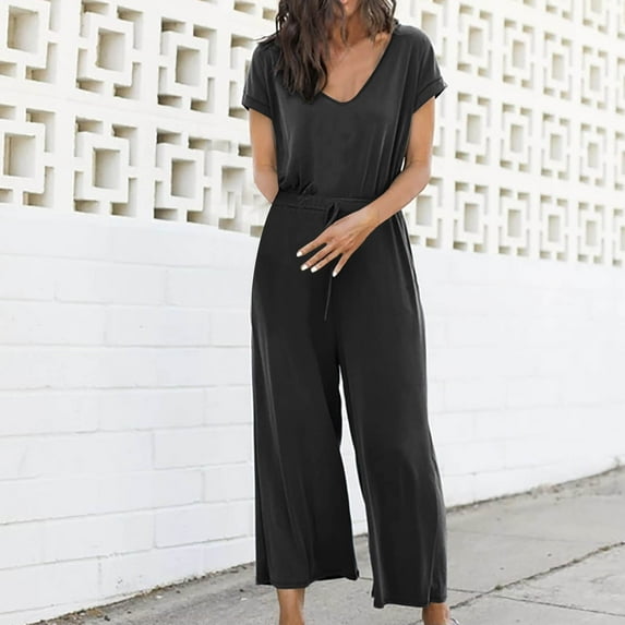 Gaecuw Dressy Jumpsuit for Women 2023 Short Sleeve Overall Square Neck Band Collar Solid Onesie One Piece Outfits Casual Loose Baggy Long Pants Wide Leg Summer Romper Pull On Ankle Length Trousers