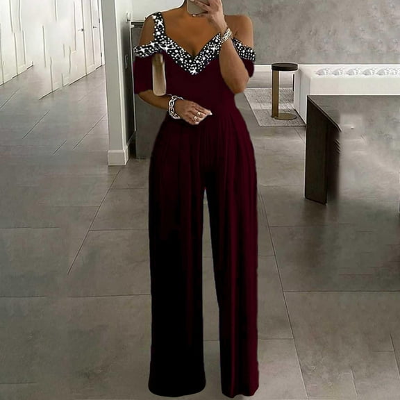 Gaecuw Dressy Jumpsuit for Women 2023 Short Sleeve Overall V Neck Band Collar Solid Onesie One Piece Outfits Casual Loose Baggy Long Pants Wide Leg Summer Romper Pull On Ankle Length Trousers