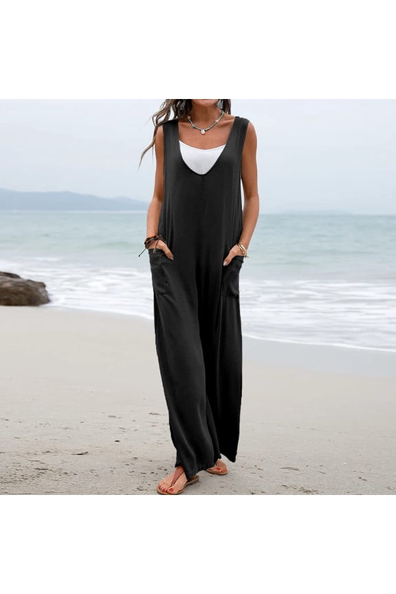 Dressy Jumpsuit for Women 2023 Sleeveless Cold Shoulder Overall with Pockets Square Neck Band Collar Solid Onesie One Piece Outfits Casual Loose Long Pants Wide Leg Summer Romper Ankle Length