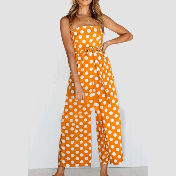 Gaecuw Dressy Jumpsuit for Women 2023 Sleeveless Off the Shoulder Strapless Overall Band Collar Polka Dot Onesie Strappy One Piece Outfits Loose Baggy Long Pants Wide Leg Summer Romper Calf Length
