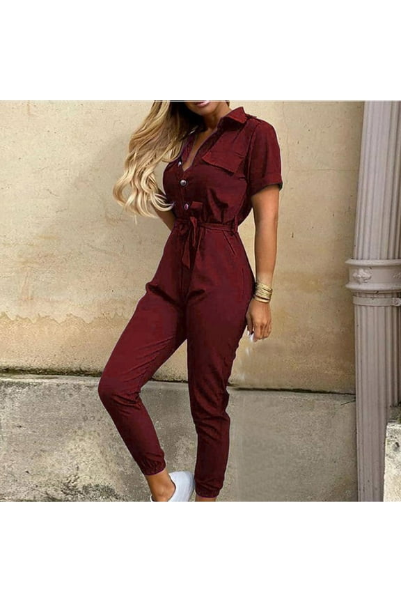 Dressy Jumpsuits for Women Plus Size Romper for Women Short Sleeve Overall V Neck Band Collar Solid Onesie One Piece Outfits with Belt Casual Seamless Long Pants Summer Romper Ankle Length