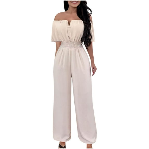 Gaecuw Dressy Jumpsuits for Women Rompers for Women Short Sleeve Overall Band Collar Solid Onesie One Piece Outfits Loose Baggy Long Pants Wide Leg Summer Romper Pull On Ankle Length Trousers Beige S
