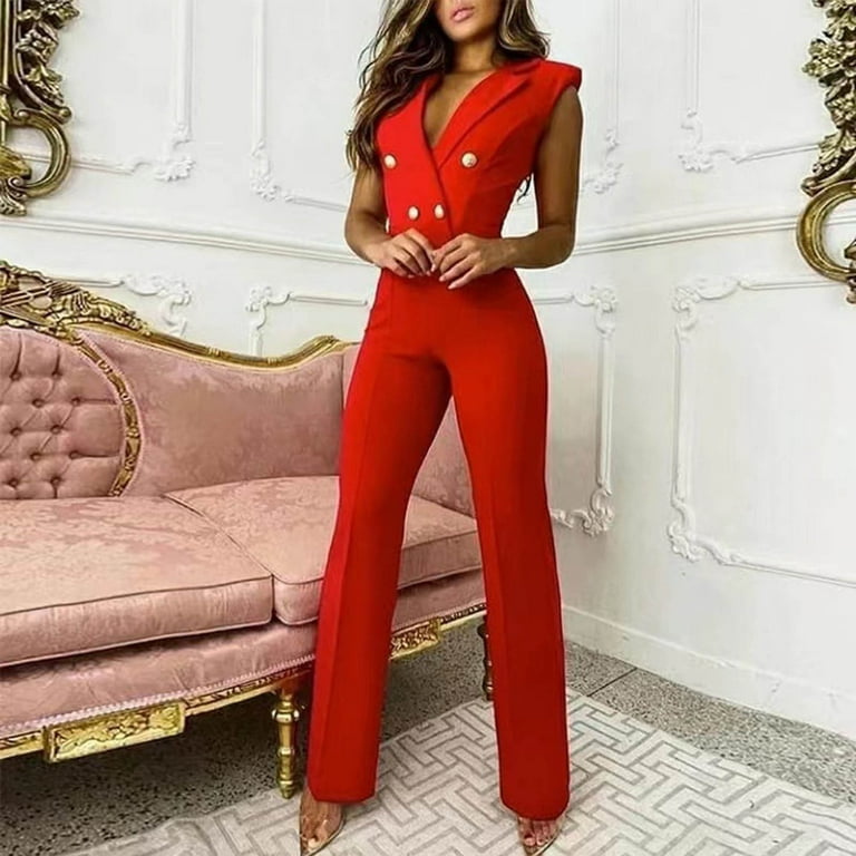 Gaecuw Dressy Jumpsuits for Women Sleeveless Cold Shoulder Overall V Neck  Band Collar Solid Onesie One Piece Outfits Casual Loose Baggy Long Pants
