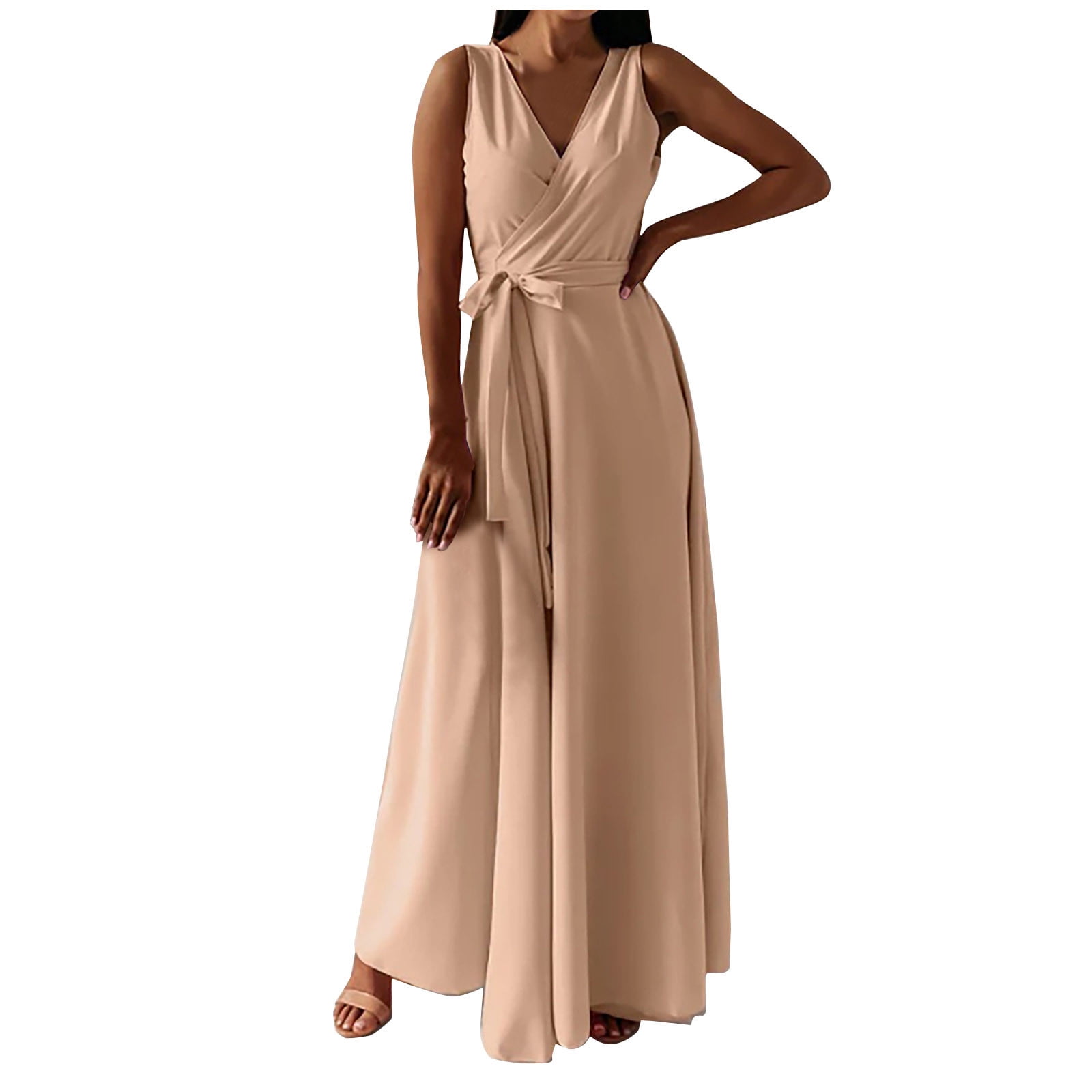 Gaecuw Engagement Dresses for Women V Neck Sleeveless Champagne Dresses Ankle Length Maxi Dresses Swing Party Dress Strappy Prom Dresses Polyester