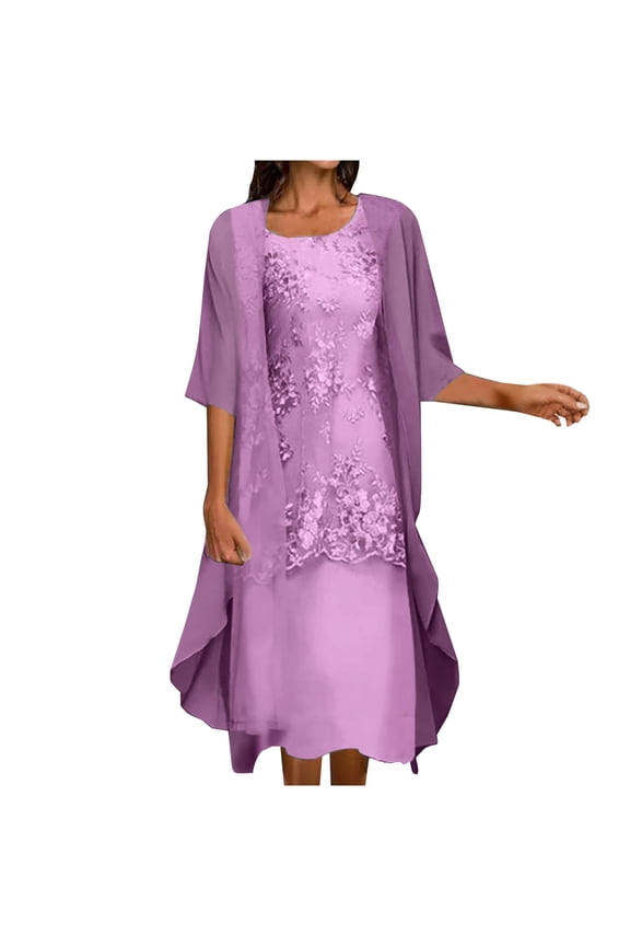 Floral Wedding Guest Dresses for Women Crew Neck Half Sleeve Champagne Dresses Calf Length Long Dresses Swing Party Dress Prom Dresses Polyester Flowy Graduation Dresses Solid Semi Formal Dress