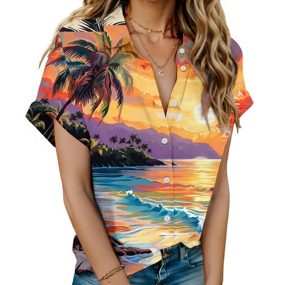 Gaecuw Hawaiian Blouses for Women Short Sleeve Shirts Button down Tops Floral Print Blouses Summer Tees Lapel Neck T Shirts Beachwear Tropical Vacation Outfits Resort Wear M