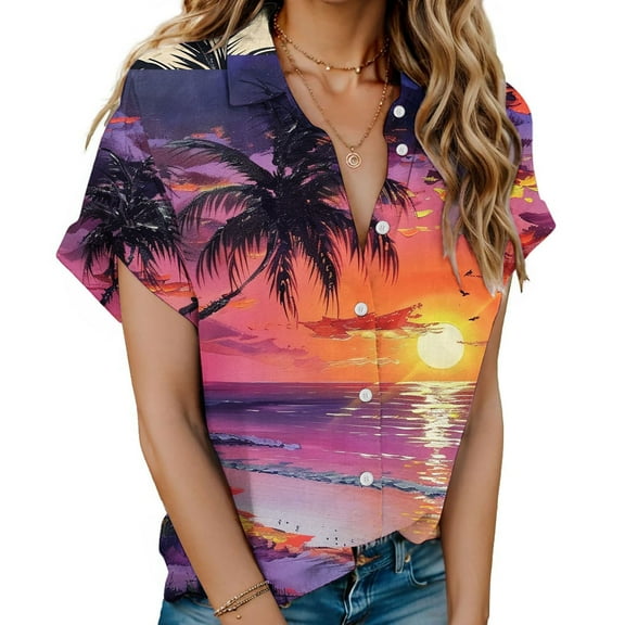 Gaecuw Hawaiian Blouses for Women Short Sleeve T Shirts Button down Shirts Floral Print Tops Summer Blouses Lapel Neck Tees Tropical Vacation Outfits Resort Wear Purple L