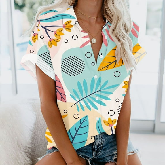 Gaecuw Hawaiian Shirts for Women Plus Size Blouses Short Sleeve T Shirts Regular Fit Pullover Tees T-Shirts Floral Print Tops V Neck Blouses Casual T Shirts Button Up Button Down Pullover Summer Tees
